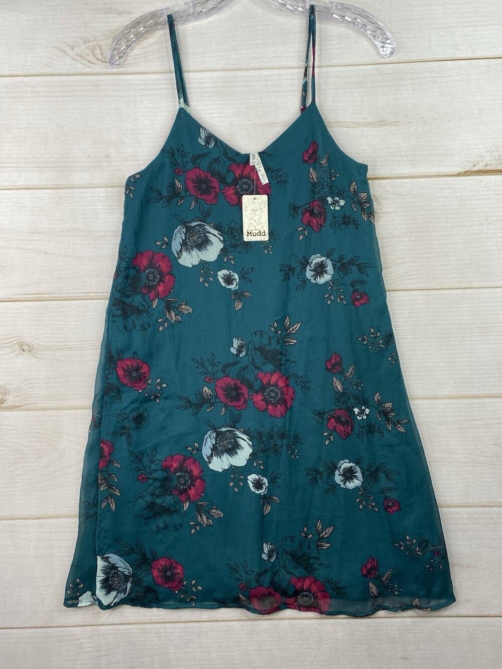 Mudd Slip Dress Womens XS Green Floral Y2K Sleeveless Lined V Neck Pullover NWT